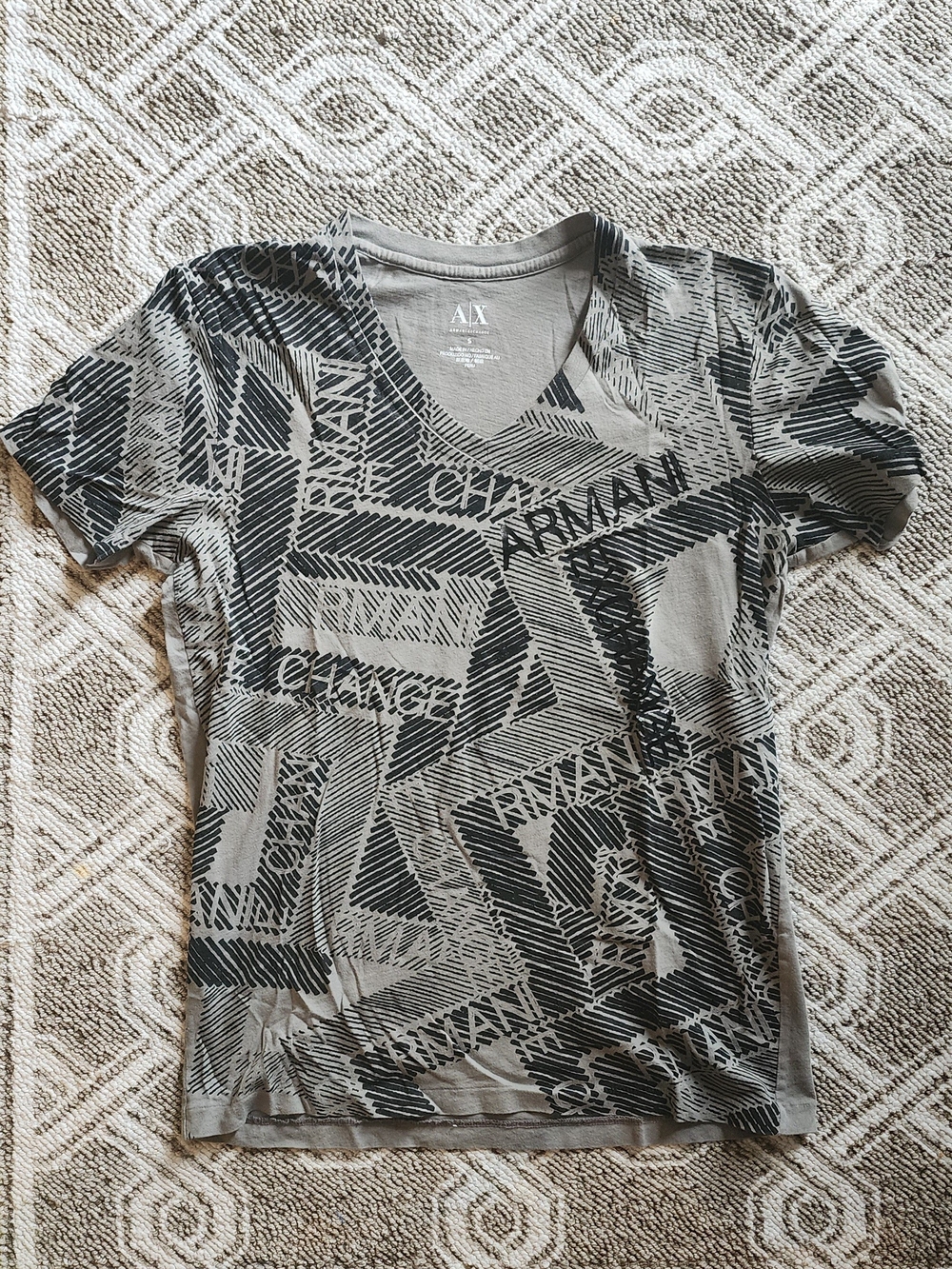 Armani Exchange Gray Short-Sleeve V-Neck Tee with Black Graphic Print